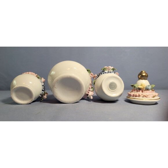Mini Sugar Shaker Toothpick Holder Vintage Rose Garden Trinket Porcelain Set - Picture 11 of 11